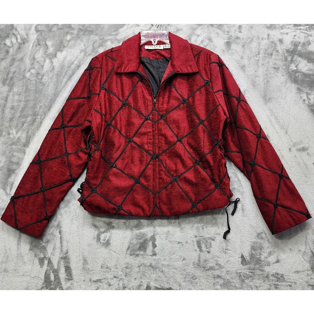 Vintage ANAGE Jacket Womens L Red Black Corduroy Roses Side Lace Up Goth Zip